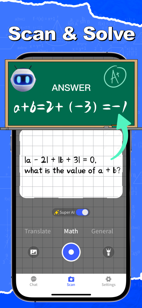 AI Scan Solver Homework Helper - A mobile app interface showing a math problem being scanned and solved with AI technology.