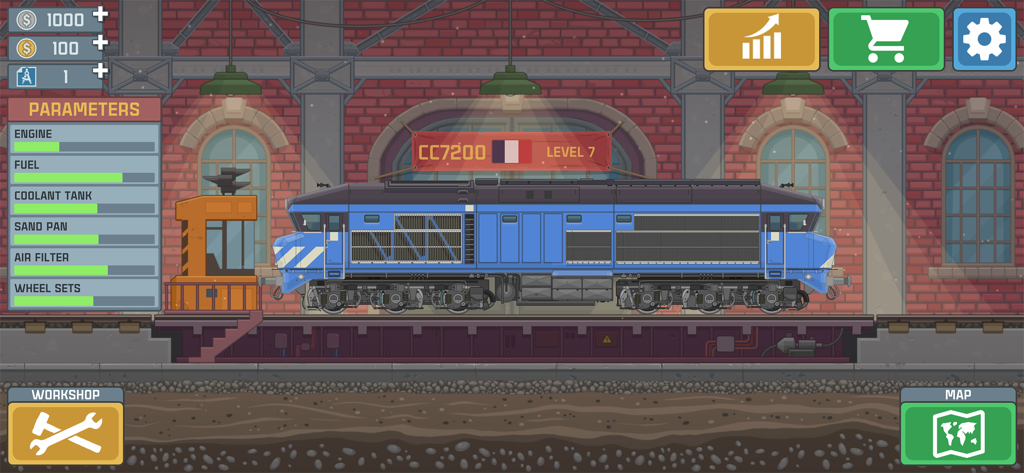 Train Simulator: Railroad Game - Una locomotora diésel azul en un taller de trenes mostrando parámetros del motor y opciones de mantenimiento