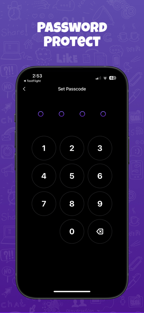 Dual Chat : Web Scan - Pantalla de protección de contraseña para configurar un código de acceso en la aplicación Dual Chat.