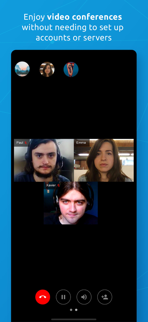 A group video call interface on Jami showing multiple participants in a decentralized serverless conference