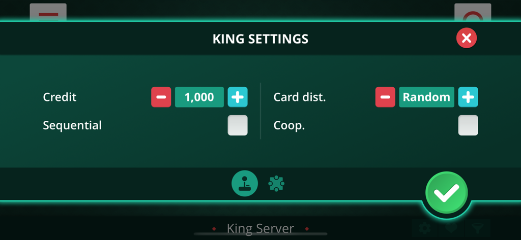 King and Rifki card game settings menu for credits and card distribution