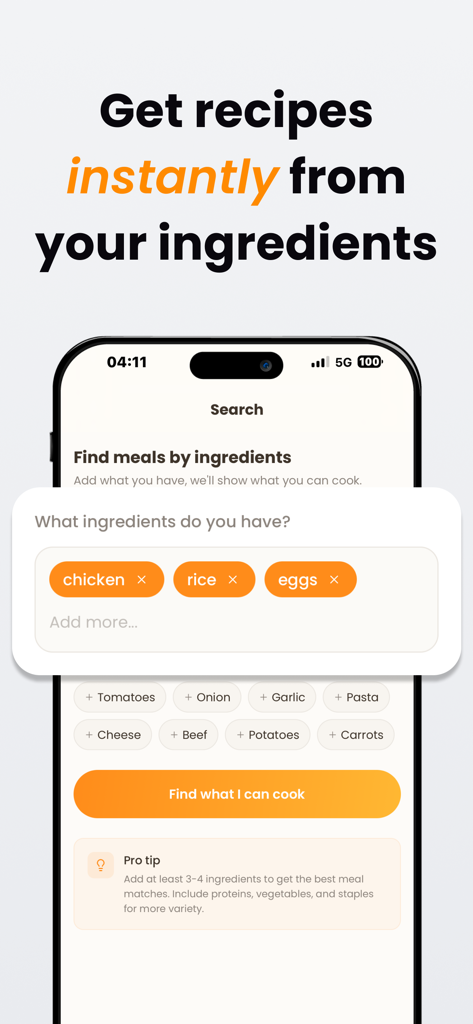 Compy: Smart Kitchen Companion - Ricerca di ricette inserendo ingredienti nell'interfaccia dell'app Compy