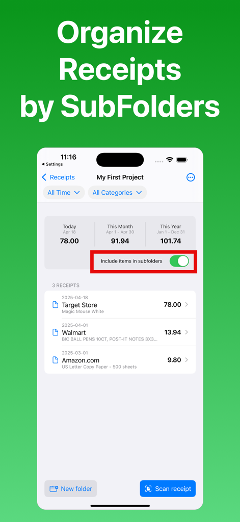 Receipt Scanner by Zeple AI - Interfaz del escáner de recibos Zeple AI que muestra la organización de recibos en subcarpetas