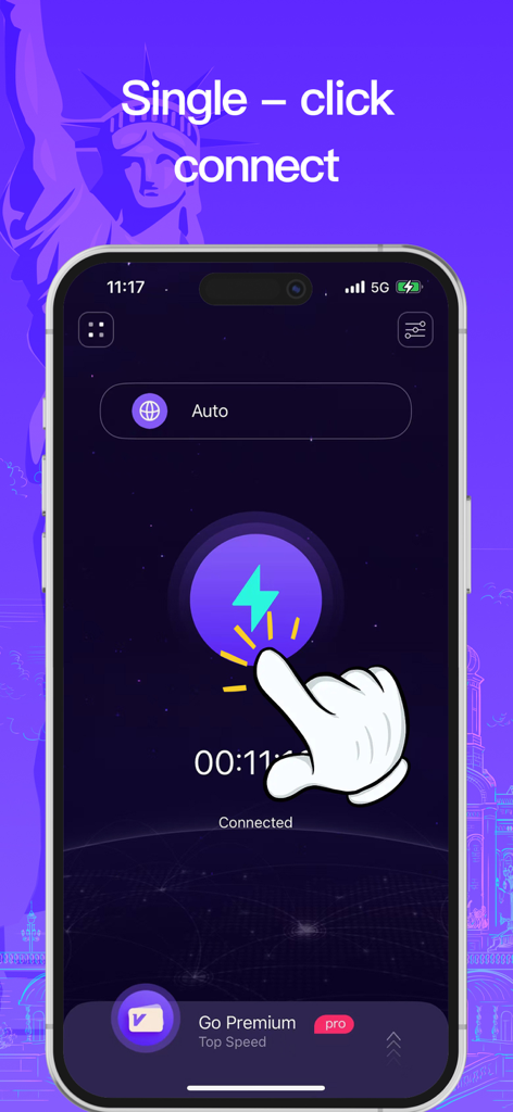 VPN - Super VPN Buck - Interfaz de la aplicación móvil Super VPN Buck que muestra la función de conexión con un solo clic para acceso seguro a proxy global.