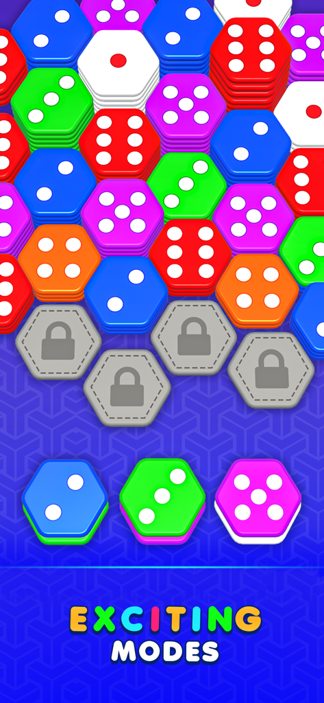 Hexa Sort Merge: Stack Colors - Hexa Sort Merge のゲーム画面。カラフルな六角形ダイスのスタックと、ロックされたパズルのスロットを示しています。