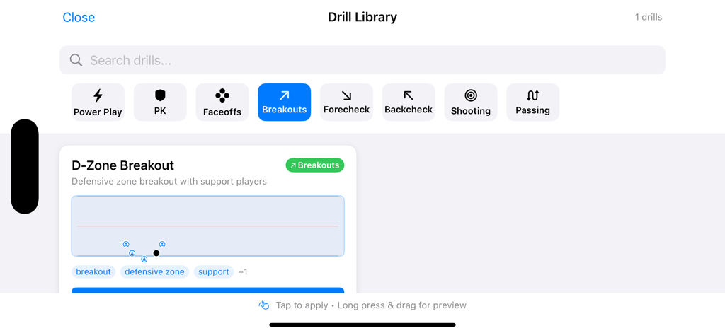 Ice Hockey Board Pro - Ice Hockey Board Pro app interface showing the drill library with categories for tactics like power play and breakouts