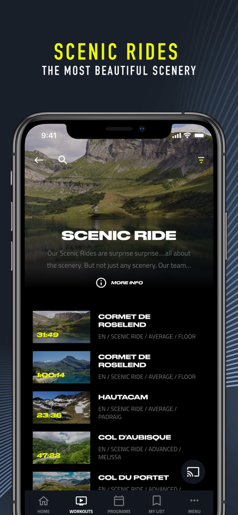 Mobile app interface of CycleMasters showing a list of scenic indoor cycling workouts with mountain and lake landscapes