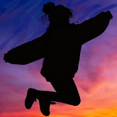 realistic girl jumping with a bun and oversized sweatshirt