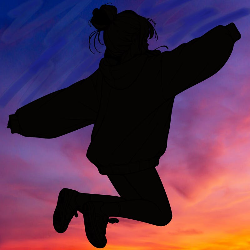 realistic girl jumping with a bun and oversized sweatshirt