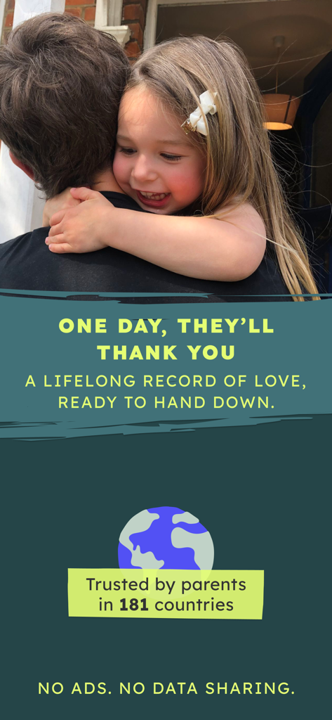 BackThen Family & Baby Photos - BackThen app screenshot featuring a parent hugging a child with privacy and trust messaging
