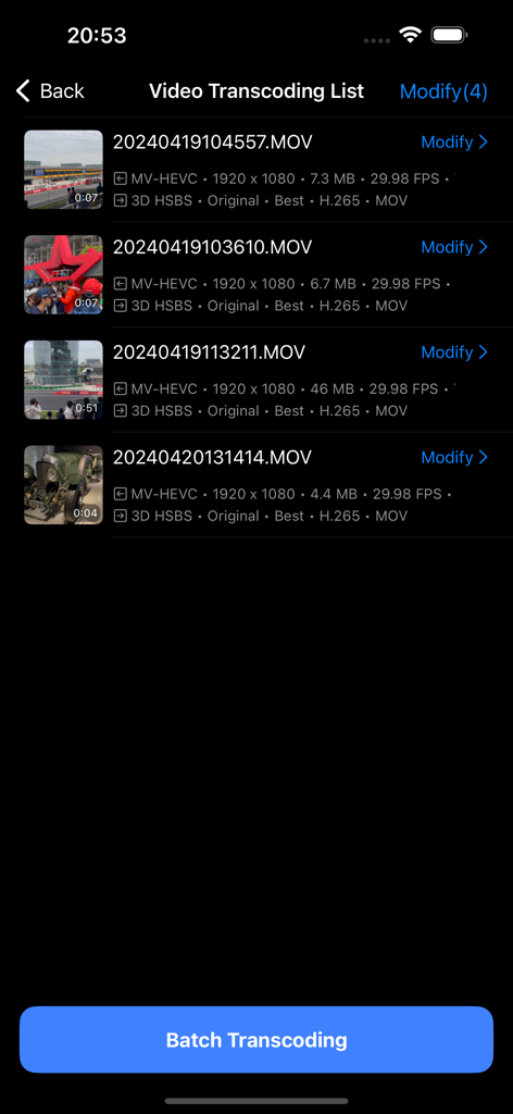 SpatialCamera - SpatialCameraアプリのインターフェース。3Dサイドバイサイドフォーマットへのバッチトランスコーディングの準備ができた空間ビデオのリストが表示されます。