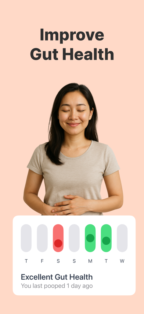 Poop Tracker - Balloon - Una mujer sujetando su estómago sobre un panel de salud intestinal que muestra las tendencias semanales de evacuaciones intestinales y estado.
