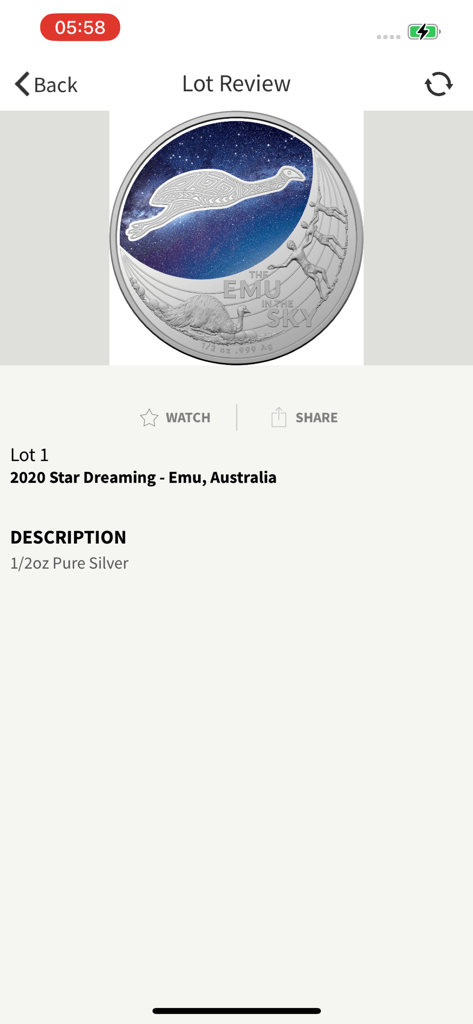Revisão do lote de uma moeda de prata Emu Star Dreaming de 2020 no aplicativo Coins Australia Auctions