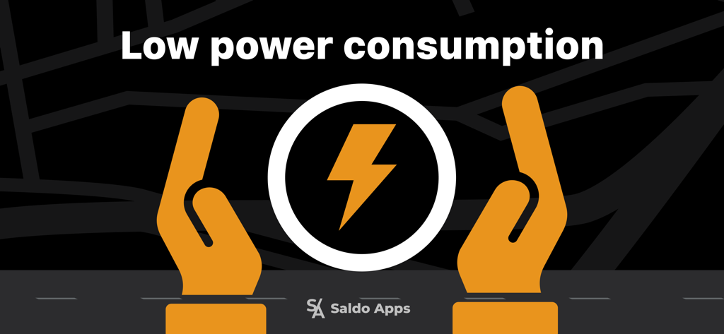 Gráfico mostrando o recurso de baixo consumo de energia do aplicativo Mileage Tracker com um ícone de raio segurado por duas mãos