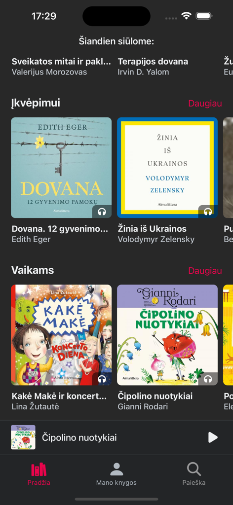 Pegasas - Tela inicial do aplicativo móvel Pegasas mostrando categorias curadas de audiolivros lituanos e literatura infantil