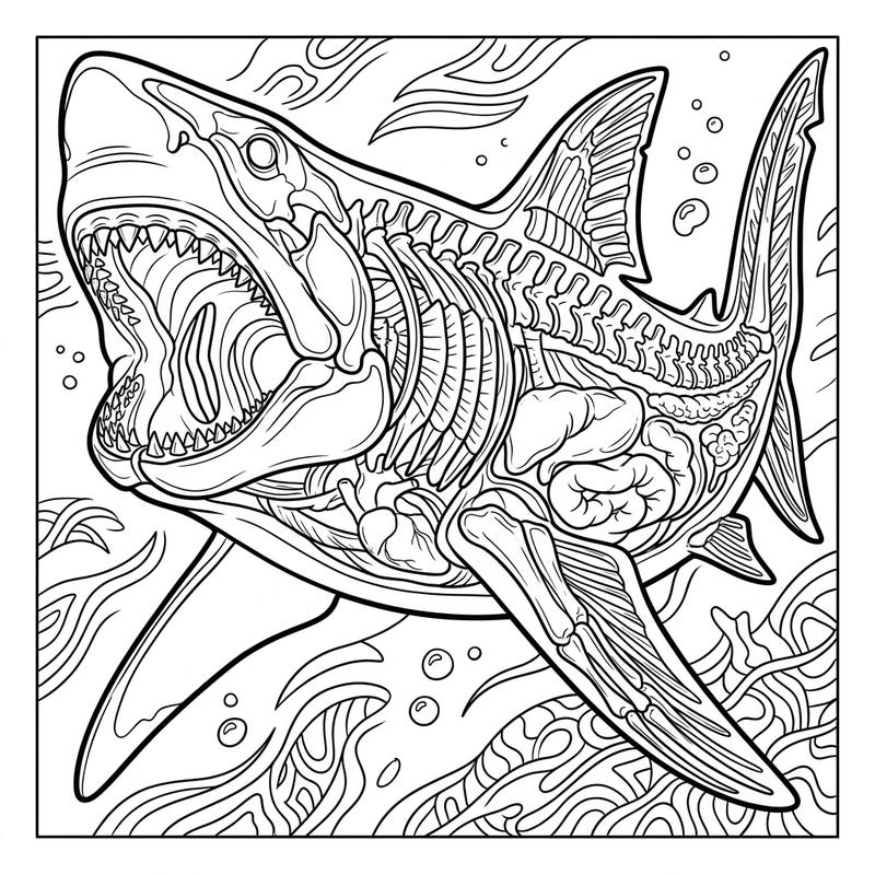 Explore the awe-inspiring internal structure of the mighty Megalodon with this highly detailed adult coloring page. Perfect for science enthusiasts and those seeking a complex, educational artistic challenge.