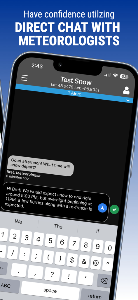 Interface of Clarity Weather app showing a direct chat with a professional meteorologist about snow forecasts