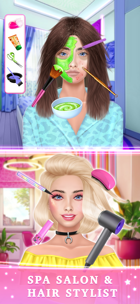 Spa BFF Makeover Dress Up Game - Girl undergoing facial skin care and hair styling transformation in a spa game