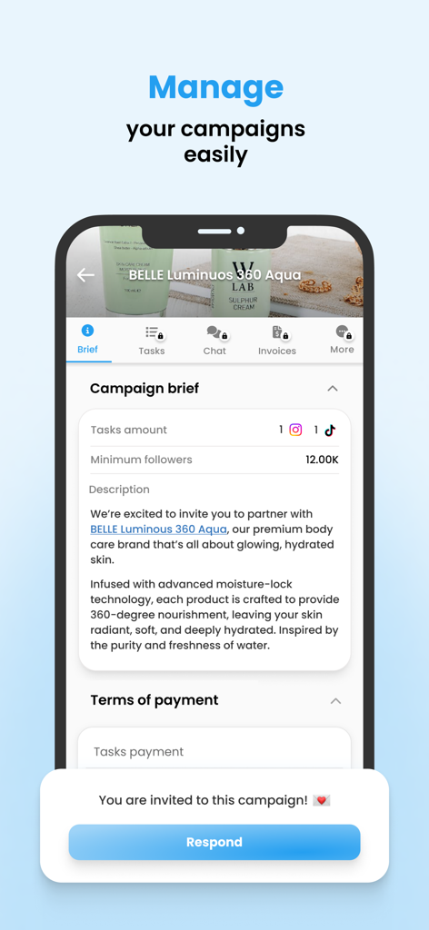 Interface of the Humanz app showing a brand campaign brief with influencer task details and a response button for an invitation.