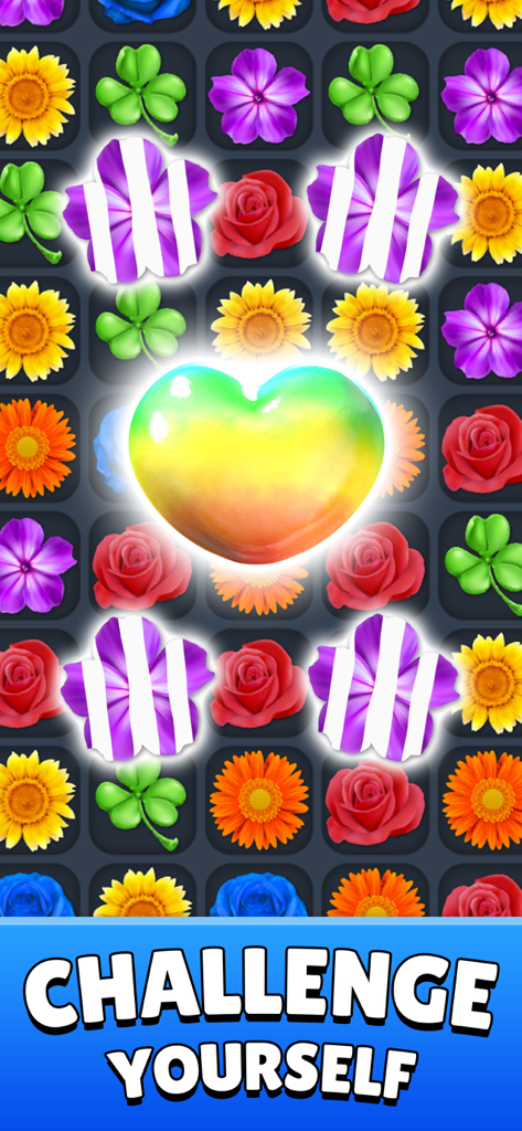 Colorful match 3 grid featuring a glowing rainbow heart power up and various flowers