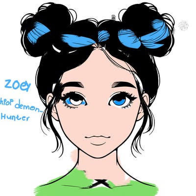 realistic girl with two buns on top of her head