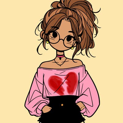 girl with a messy ponytail glasses a baggy crop top and jean shorts