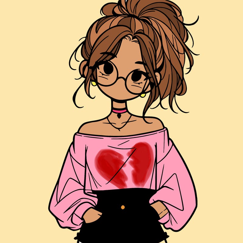 girl with a messy ponytail glasses a baggy crop top and jean shorts