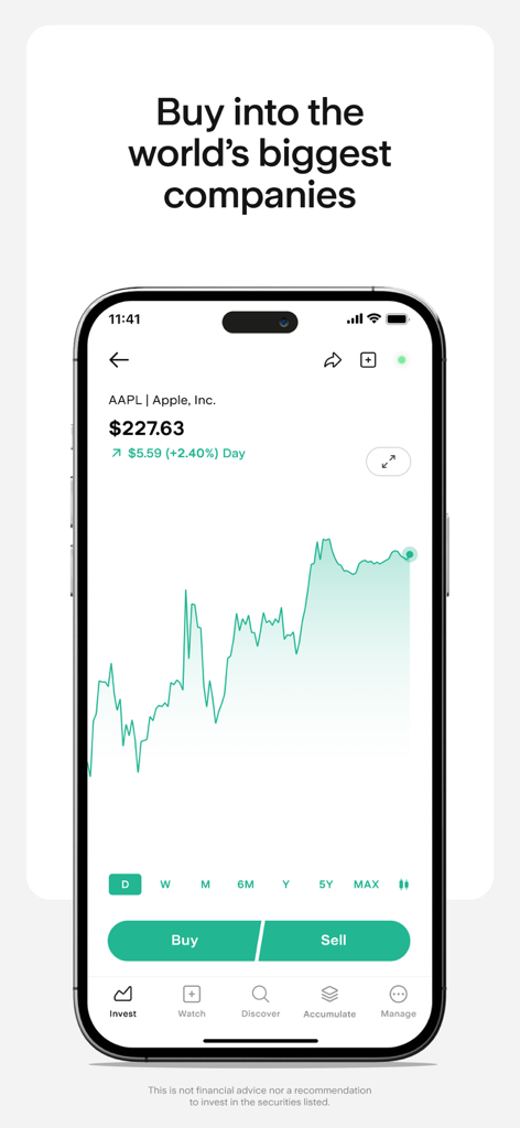 Interface de l'application mobile Stake affichant un graphique de cours de l'action Apple avec des options d'achat et de vente