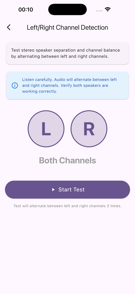 Speaker Test – Moisture & Dust - Screen of the Speaker Test app showing the Left and Right Channel Detection tool for testing stereo speaker balance.