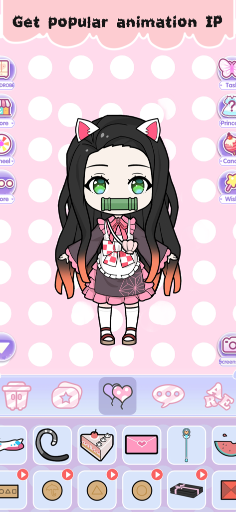 An anime-style character inspired by popular animation being customized in the Vlinder Dolls dress-up game interface.