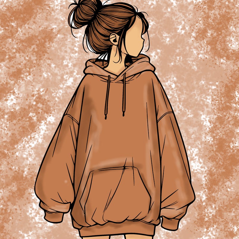 realistic girl with a oversized sweatshirt on and a bun