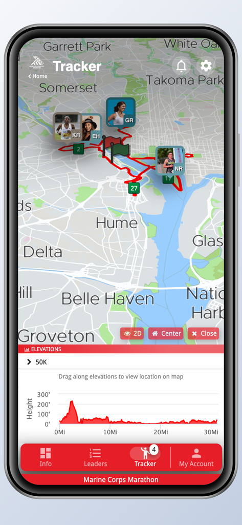 Marine Corps Marathon app displaying live runner tracking and elevation data