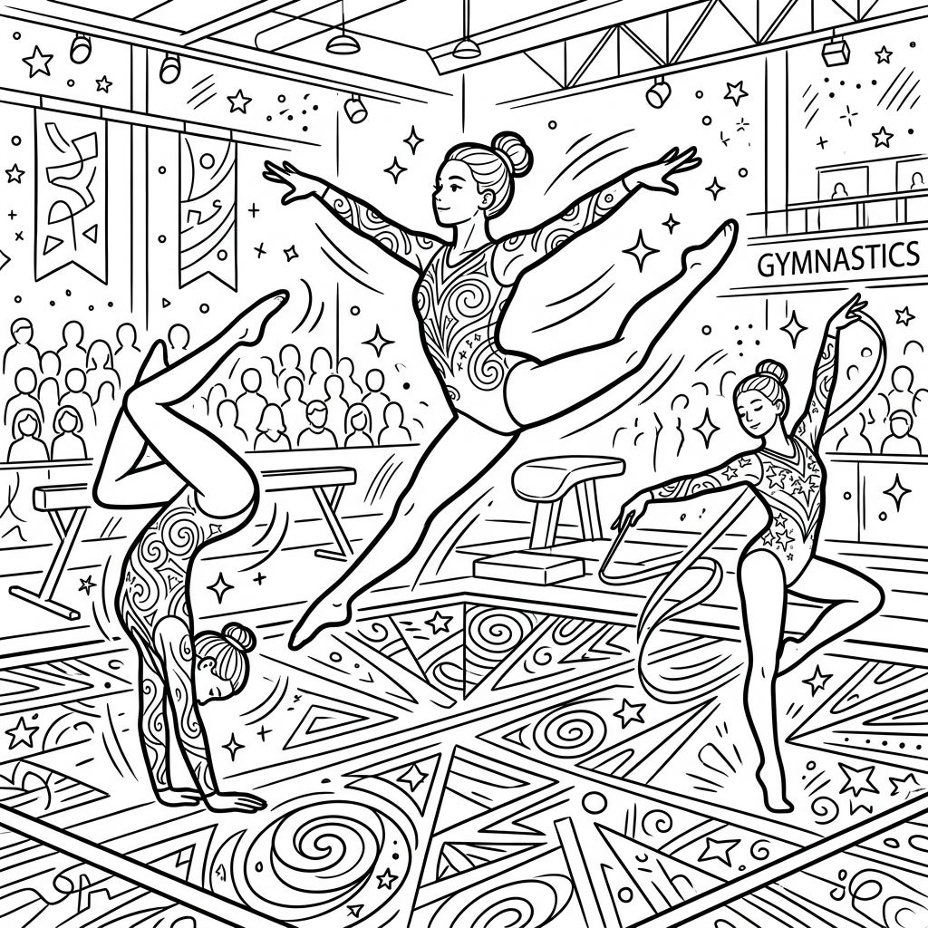 Floor Exercise Gymnasts Coloring Page - Acrobatic Art — Color Pop