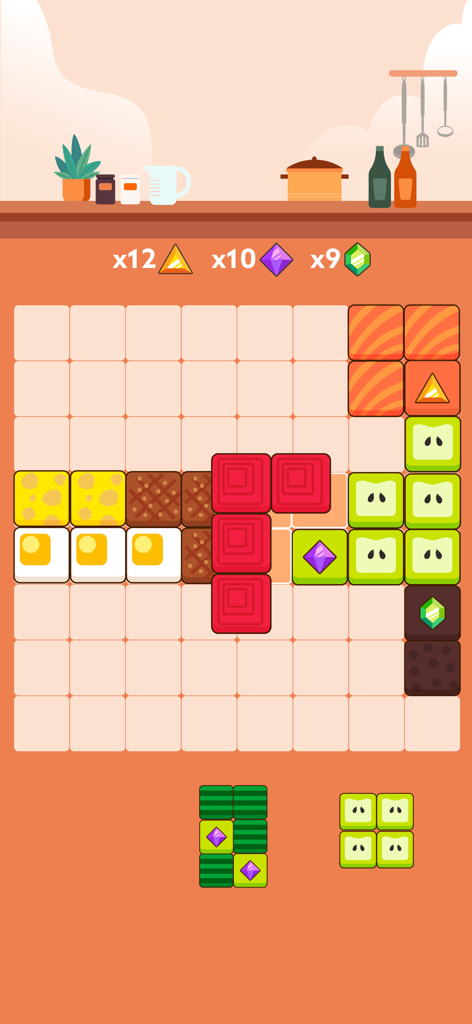 Block Puzzle: blast the square - Captura de pantalla del juego Block Puzzle que muestra bloques con temática de comida en un entorno de cocina