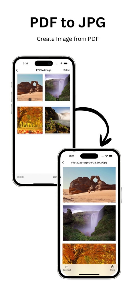 PDF Maker & Converter - PDFAPP - iPhone screens demonstrating the conversion of a PDF file into individual JPG images using PDFAPP