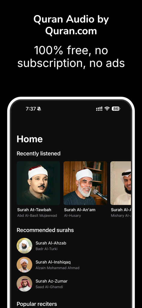 Quran Audio by Quran.com - Quran Audio app home screen interface in dark mode featuring recently listened surahs and popular reciters