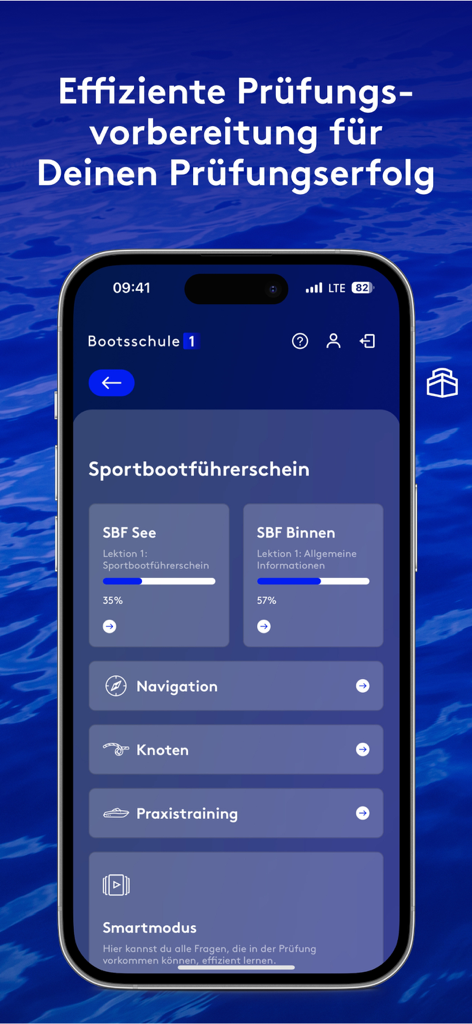 Bootsschule1 - Bootsschule1 app interface showing navigation and knot training modules for boating license exams