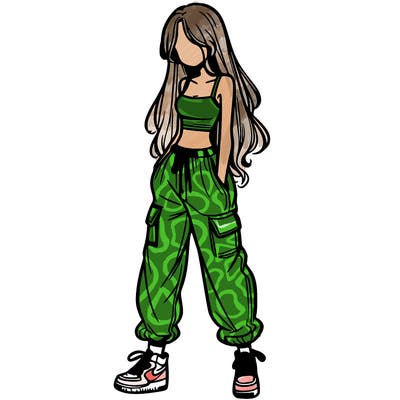 girl in baggy pants crop top and long hair