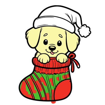 cute puppy wearing santa hat in socking