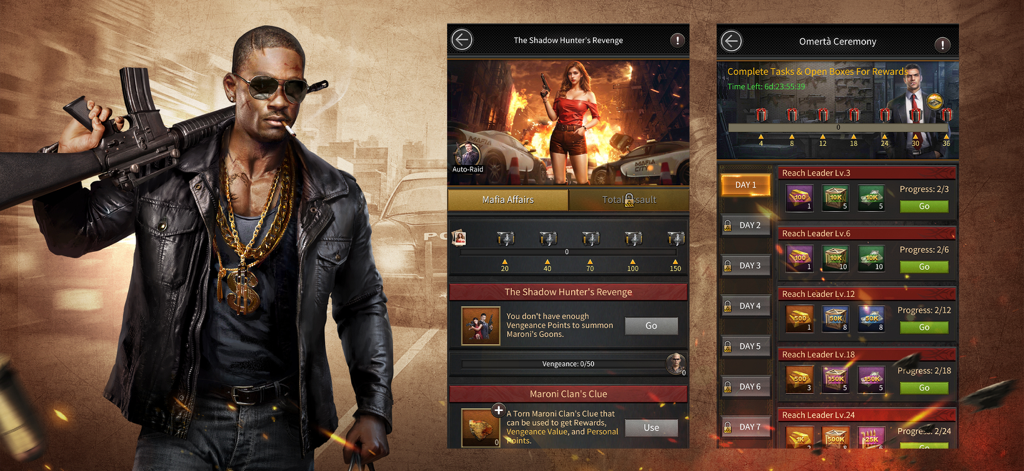 Mafia boss holding a rifle next to game event and reward screens