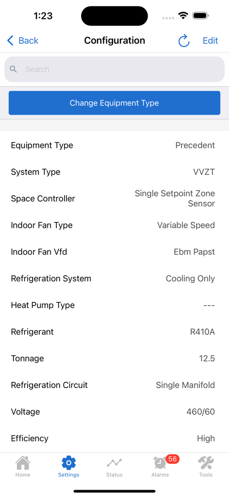 Configuration screen in the Symbio Service and Installation app showing HVAC unit technical details