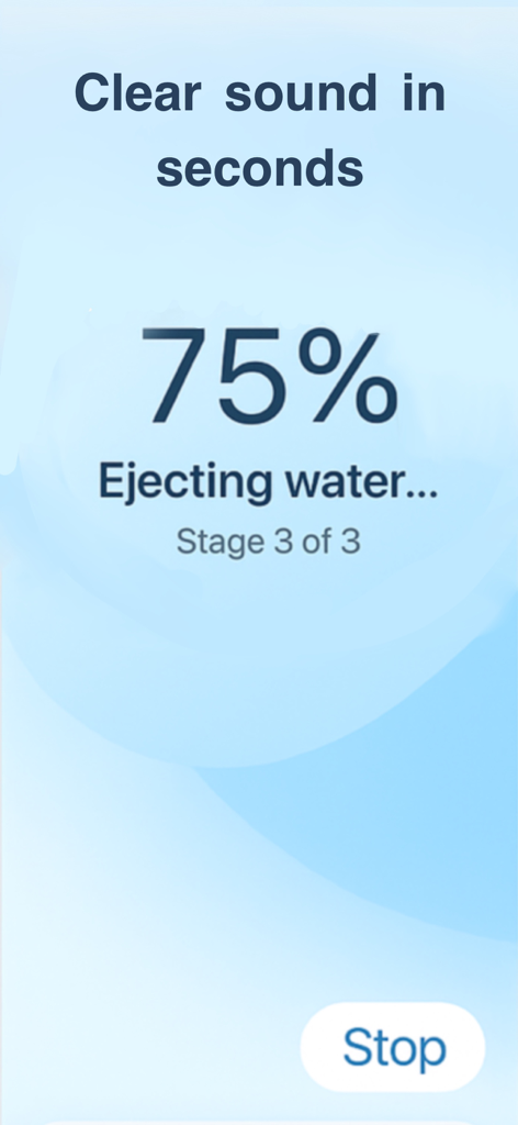 CleanSound app showing 75 percent progress for water ejection from speaker