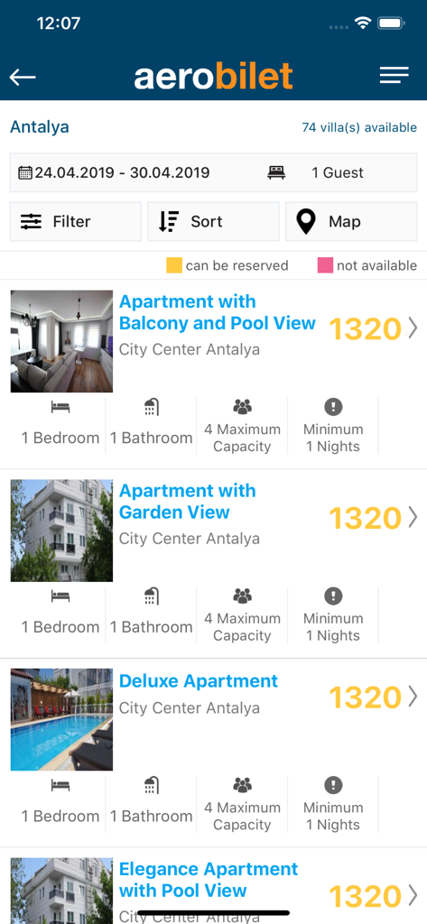 Aerobilet - Flights, Hotels - Aerobilet app interface showing a list of available apartments for rent in Antalya
