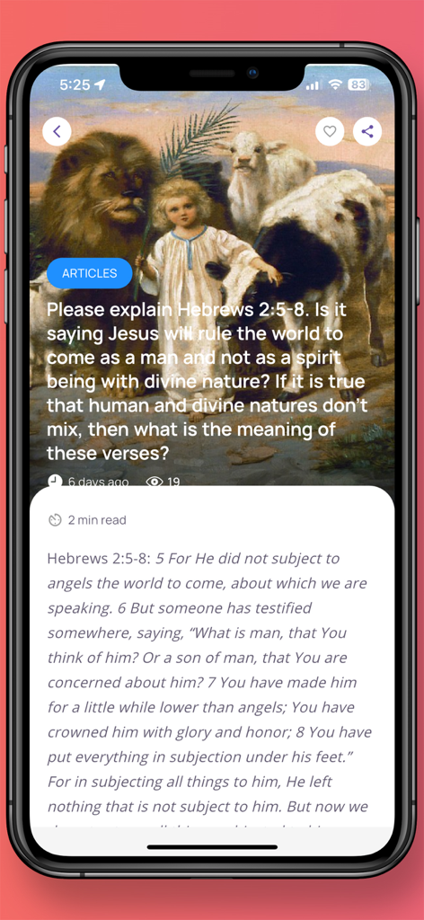 Bildschirm aus der Bibel-Antworten-App, der eine theologische Frage zu Hebräer 2 mit einem klassischen Gemälde eines Kindes und von Tieren zeigt.