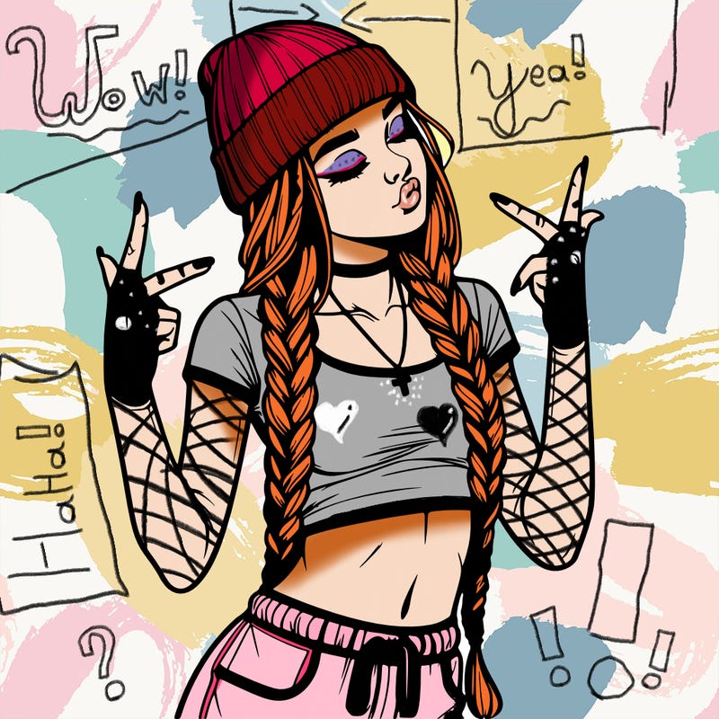 realistic teenage girl with braids and a beanie and crop top doing 🫶🏼