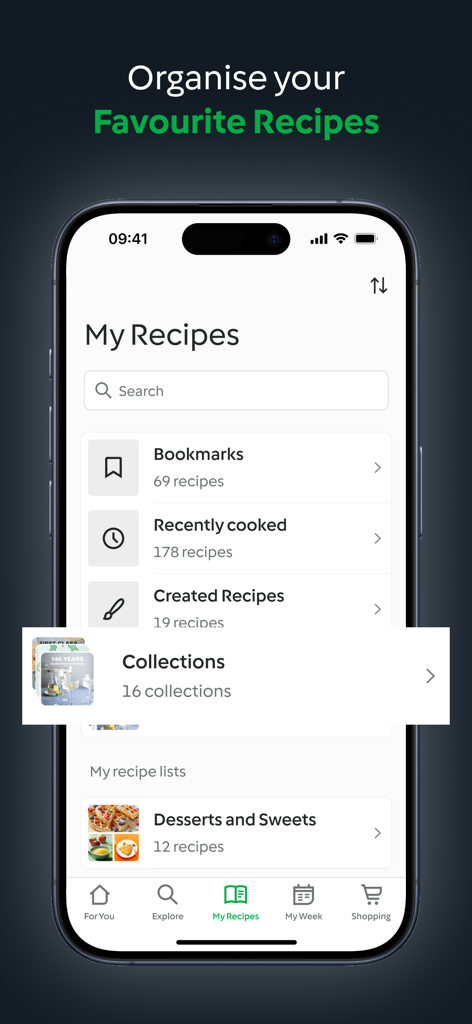 Die Benutzeroberfläche der Cookidoo App zeigt organisierte Rezeptlisten, einschließlich Lesezeichen und benutzerdefinierter Sammlungen