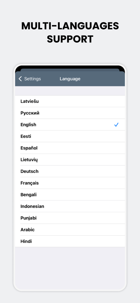 Inbox.lv app language settings screen showing support for multiple languages including Latvian Russian and English