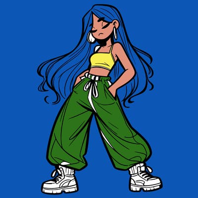 girl in baggy pants crop top and long hair