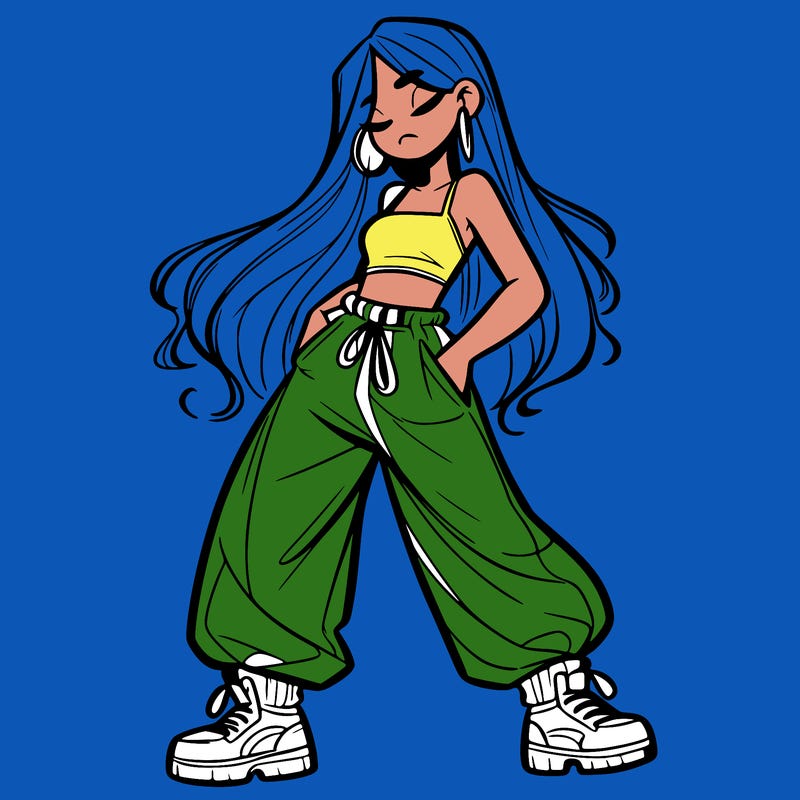 girl in baggy pants crop top and long hair