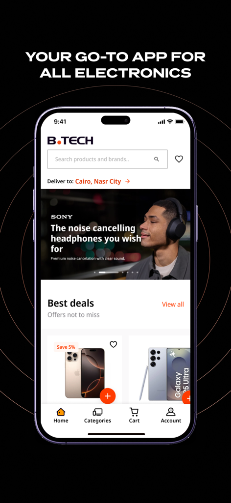 B.TECH mobile app home screen showcasing electronics and smartphone deals